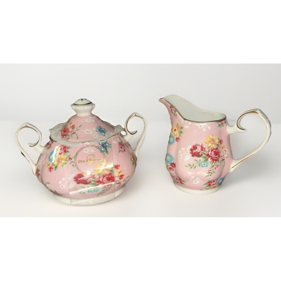 Grace'S Teaware Other - Grace Teaware Porcelain Creamer & Sugar Bowl Pink Rose Border Gold Trim New